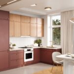 Küchenzeile Einbauküche Emily Rot Eiche L-Form 310 x 155 cm erweiterbar #L22999