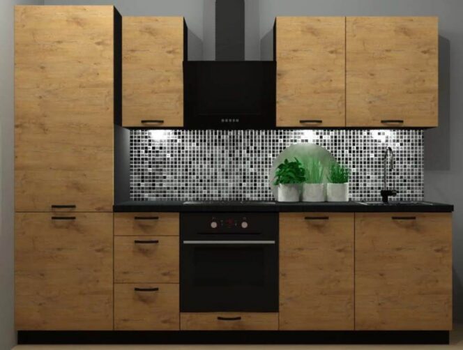 EINBAUKÜCHE KÜCHENZEILE HELENE OAK LANCELOT EICHE  KORPUS BLACK 265 CM #L23449