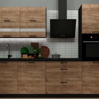 EINBAUKÜCHE KÜCHENZEILE HELENE OAK TABAC EICHE  KORPUS BLACK 260 CM #L23448