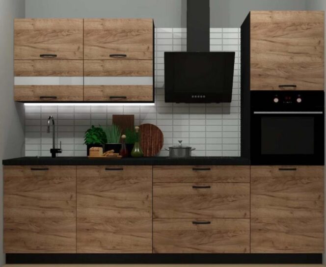 EINBAUKÜCHE KÜCHENZEILE HELENE OAK TABAC EICHE  KORPUS BLACK 260 CM #L23448