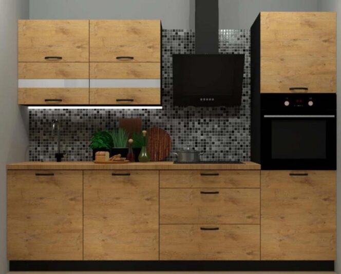 EINBAUKÜCHE KÜCHENZEILE HELENE LANCELOT OAK EICHE  KORPUS BLACK 260 CM #L23447