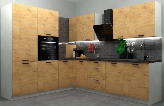 EINBAUKÜCHE KÜCHENZEILE HELENE L-FÖRMIG 230 x 275 cm HICKORY OAK/WEISS  #L23453