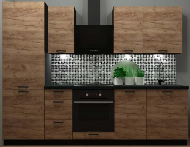EINBAUKÜCHE KÜCHENZEILE HELENE OAK TABAC EICHE  KORPUS BLACK 265 CM #L23450