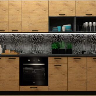 EINBAUKÜCHE KÜCHENZEILE HELENE LANCELOT OAK EICHE  KORPUS BLACK 240 CM #L23445