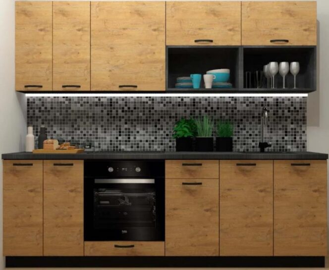 EINBAUKÜCHE KÜCHENZEILE HELENE LANCELOT OAK EICHE  KORPUS BLACK 240 CM #L23445