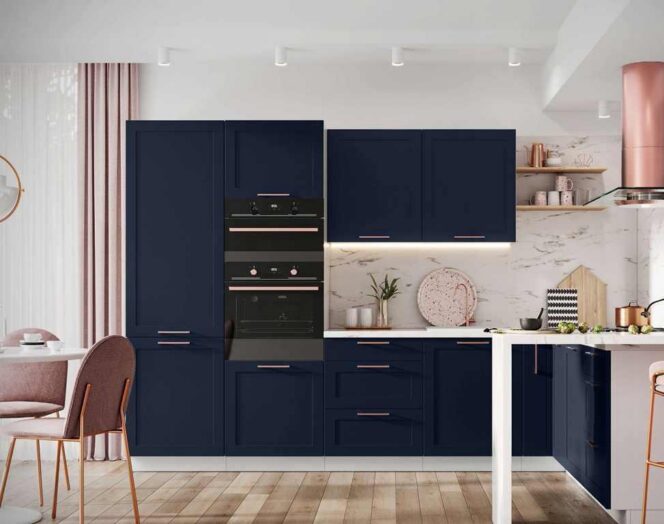 EINBAUKÜCHE ADELE L-FORMIG MARINEBLAU MATT 330 x190 CM  MIT ERWEITERUNGEN #L21804