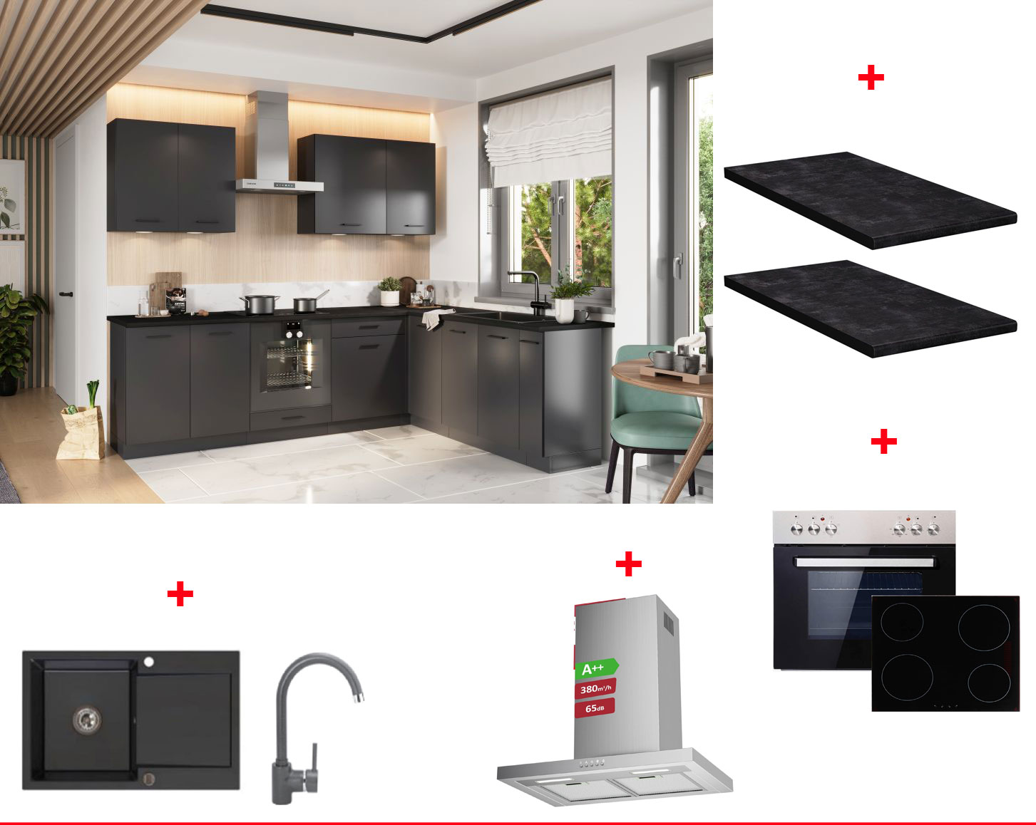 Einbauküche Küchen Set L-Förmig Anika Graphit 200 x 260cm/ E-Geräte/Arbeitsplatte #L23962