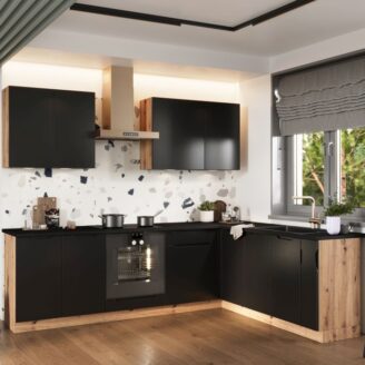 Einbauküche Küchen Set Isabel Schwarz  L-Förmig 200 x 260 + Arbeitsplatte Black Rock #L24211